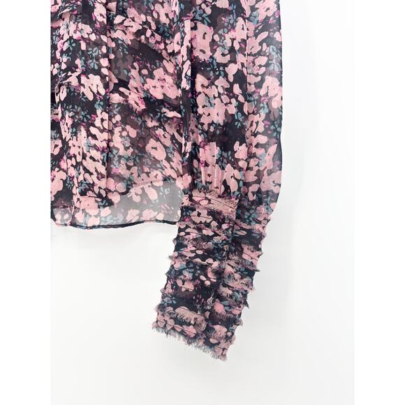 Elizabeth and James 100% Silk Sheer Floral Fringe Tie Neck Blouse Size M - Picture 5 of 10